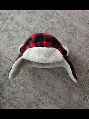 Toddler Boys Buffalo Check Plaid Red Black Fleece Winter Trapper Hat Size 2T-4T